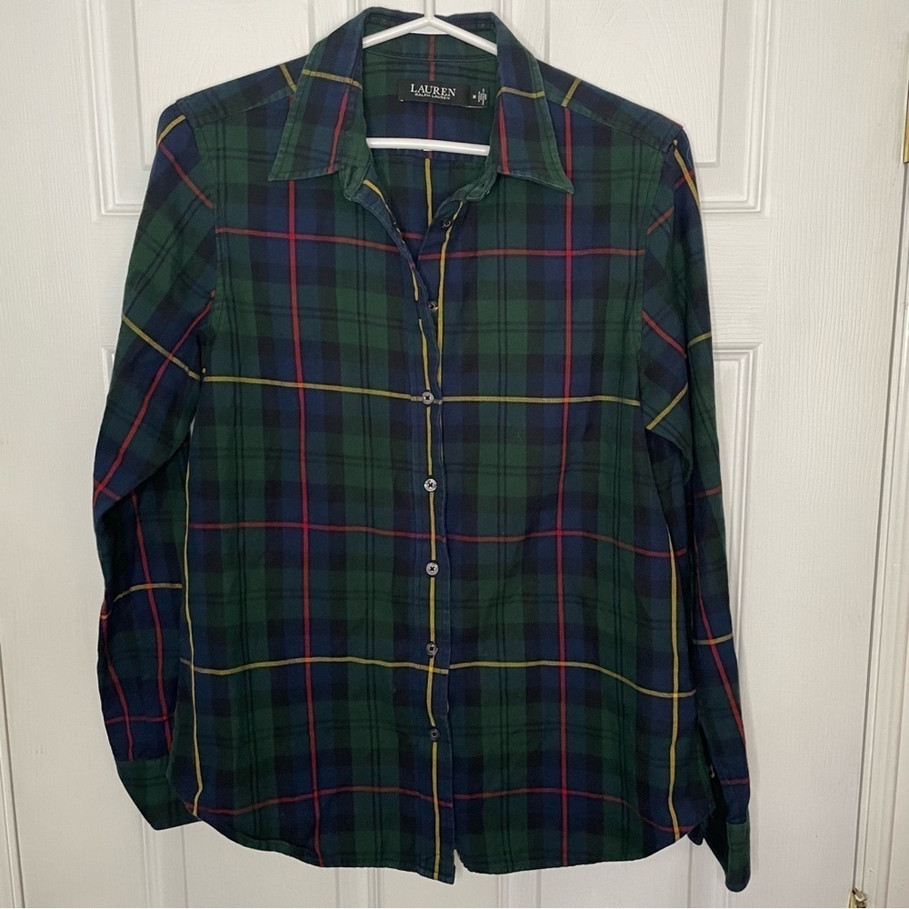 Lauren Ralph Lauren Green Plaid Button Down 100% Cotton Classic Top Medium